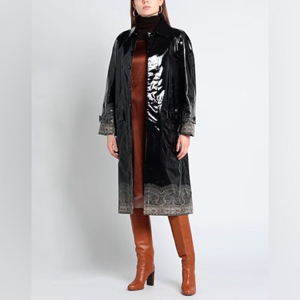 Etro Long Printed Belted Rain Coat Black Coated Cotton